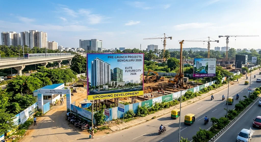 Infographic showing key locations for upcoming pre-launch real estate projects in Bangalore for 2026, including North Bangalore, Whitefield, and Electronic City.